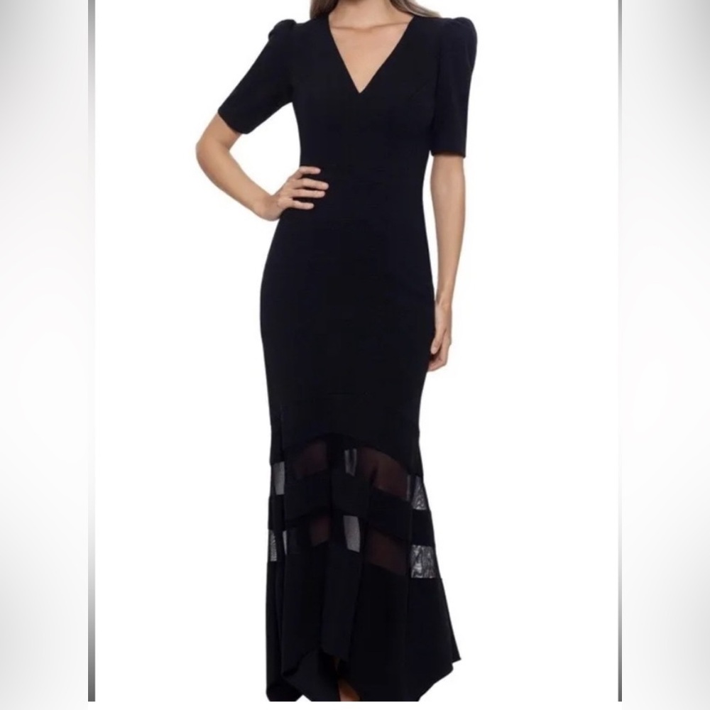 Xscape v neck scuba mesh bottom evening gown